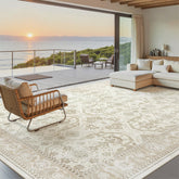Soalmost front view showing full beige brown rug and pattern for cohesive decor