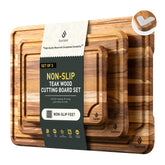 Socisen teak cutting boards front view showing sizes and stable base benefit