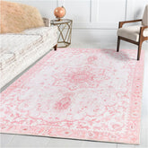 Sofrug front view showing pink vintage floral pattern and inviting texture