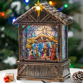 Solgicar front view nativity globe showing warm LED glow and star accent