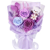 SOLUNOX front view of boxed purple preserved roses bouquet showing gift-ready presentation and protection