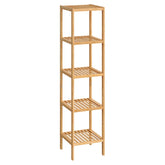 SONGMICS front view of 5-tier bamboo shelf showing compact footprint and storage benefit