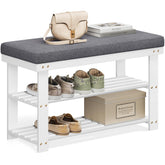 SONGMICS bamboo shoe bench front view showing compact footprint and storage benefit