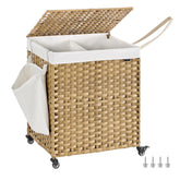 SONGMICS front view of rolling laundry hamper showing two sections and lid, neat storage