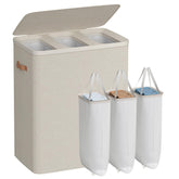 SONGMICS laundry basket front view showing tall three-section sorter and lid for tidy storage