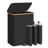 SONGMICS front view of three-compartment hamper showing neat organization and storage benefit