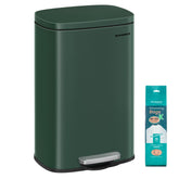 SONGMICS stainless steel trash can front view shows clean modern silhouette and capacity benefit