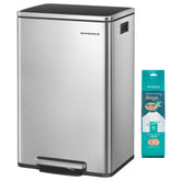 SONGMICS trash can front view showing sleek stainless design and capacity benefit