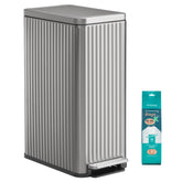 SONGMICS front view showing slim stainless steel bin and elegant fluted design benefit: space-saving
