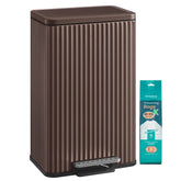 SONGMICS front view of stainless steel trash can showing sleek pedestal and balanced design benefit