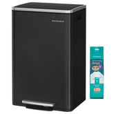 SONGMICS trash can front view showing sleek stainless steel and compact shape for modern spaces