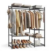 SONGMICS freestanding wardrobe front view showing organized hanging and shelves benefit visibility