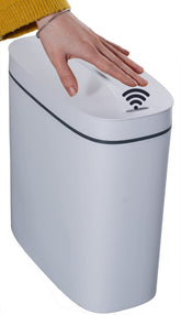 Sooyee front view of white automatic trash can showing compact footprint and modern look