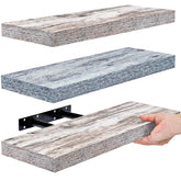 Sorbus front view of three rustic blue floating shelves showing coastal style and tidy storage
