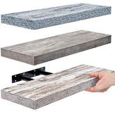 Sorbus front view of three grey-blue rustic floating shelves showing neat storage