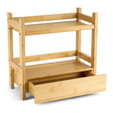 Sorbus front view of two-tier bamboo shelf showing tidy storage benefit