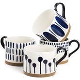 SOUJOY front view of four ceramic mugs showing vintage blue pattern and stylish appeal