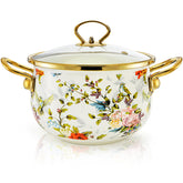 SOUJOY front view of stockpot showing lid and vintage floral design, elegant kitchen centerpiece