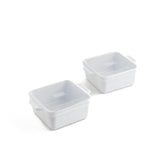 Souper Cubes front view of two white 5x5 dishes showing lids and clean finish for easy serving