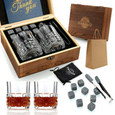 Sovyime wooden box open showing glasses and stones for elegant gifting