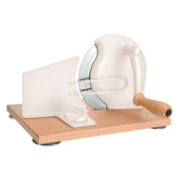 SOWKIPE front view of white bread slicer showing full unit and wooden base benefit