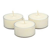 Soyworx clear cup front view showing neat unscented tealights and easy fit