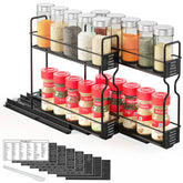 SpaceAid front-facing two-tier sliding spice rack showing organized jars and quick access