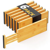 SpaceAid front packaging showing six bamboo drawer dividers and labels, highlights convenience
