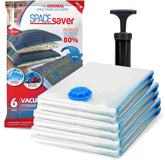 Spacesaver front packaging showing six large vacuum bags and included pump benefit space-saving