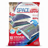 Spacesaver front packaging showing 10 large vacuum bags and included pump for fast space savings