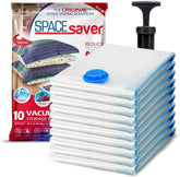 Spacesaver front packaging showing full 10-pack and included pump, space-saving benefit