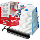 Spacesaver front packaging showing full 20-pack kit and included pump benefit: ready organization