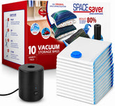 Spacesaver front packaging showing 10-pack and included pump benefit clear kit overview