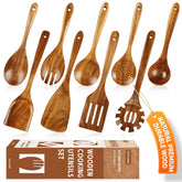 SPATUAMZ front packaging showing nine-piece teak utensil set protecting pans
