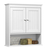 Spirich front view of white beadboard cabinet showing clean storage and elegant look