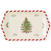 Spode tray front view showing Christmas Tree pattern and peppermint band, elegant serving