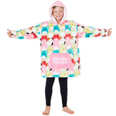 Squishmallows front view hoodie blanket showing cozy fit and playful branding for comfort
