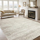 Srugn front view of 9x12 rug shows neutral vintage look and room anchoring benefit