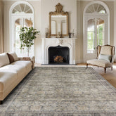 Srugn front view green brown rug shows full vintage design and cozy appeal