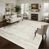 Srugn front view of 10x14 rug showing neutral vintage pattern and cozy appeal