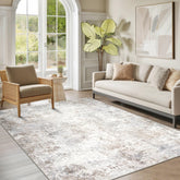 Srugn front view of beige grey rug showing neutral styling and room warmth