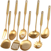Standcn front view of 9-piece set showing uniform gold finish and polished look