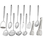 Standcn front view of full 12-piece set showing modern stainless finish and completeness