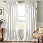 StangH front view of white ruffle curtains showing full panel coverage and charm