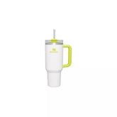 woodfire design Stanley 40oz Quencher front view showing frost and electric yellow finish with clear branding and durable shape