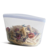 Stasher clear 6-cup bowl front view showing compact reusable design and storage benefit