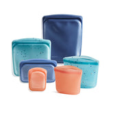Stasher front view of sea spray starter kit showing all six reusable pieces and benefits
