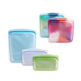 Stasher front view of tie dye 5-pack showing colorful bags and sizes for convenience