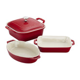 Staub front view of 4-piece set showing cherry color and cohesive design benefit