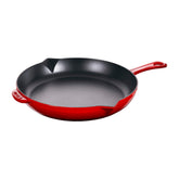 Staub cherry fry pan front view showing elegant finish and ready-to-serve benefit